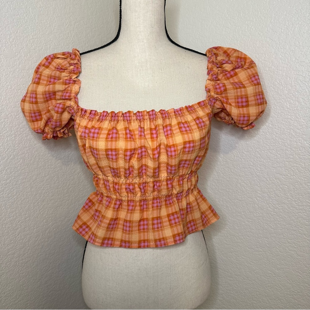 Divided Pink and Orange Plaid Gingham Peplum Top Size XS